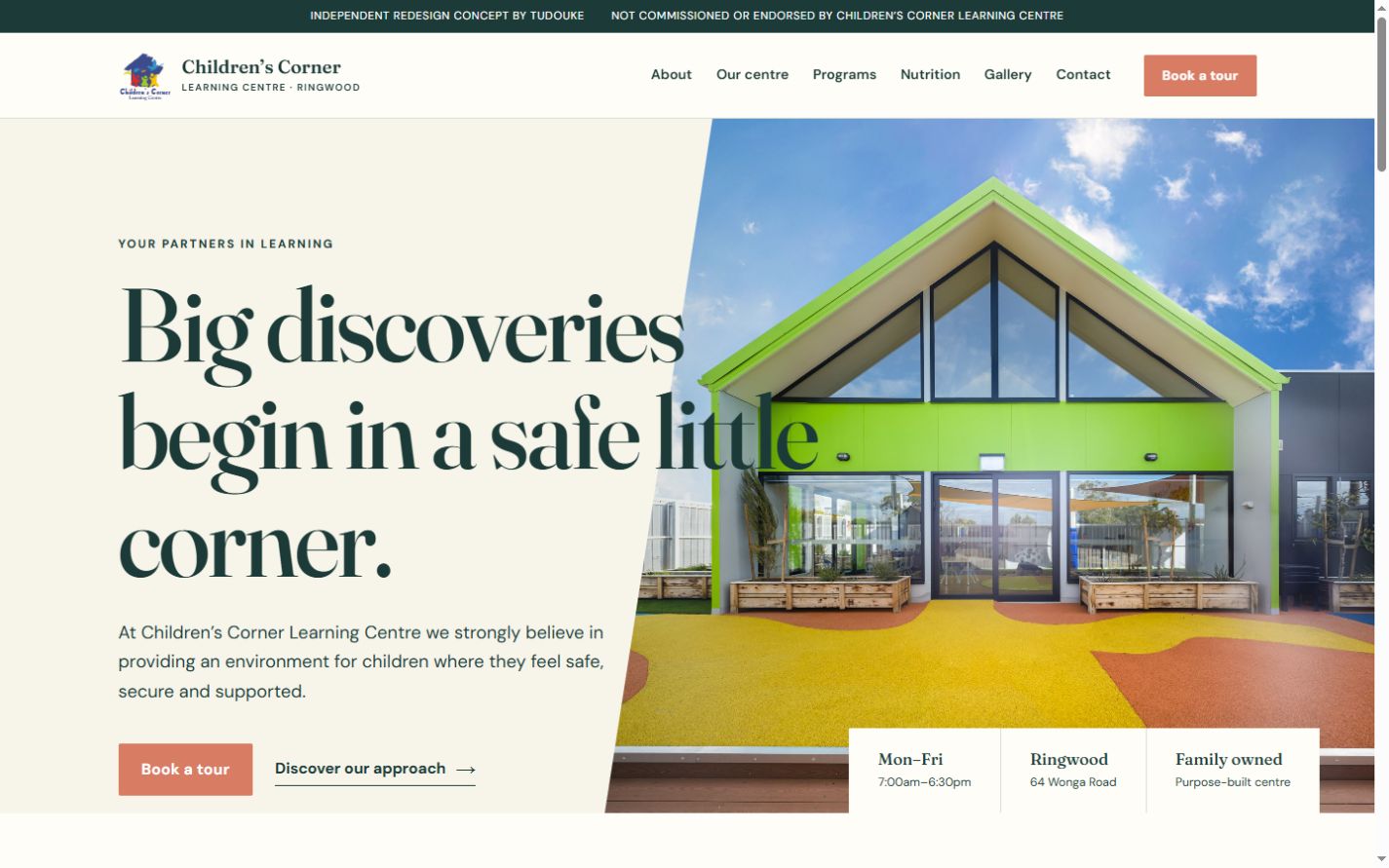 Children's Corner Ringwood redesign concept with centre image and program-led navigation