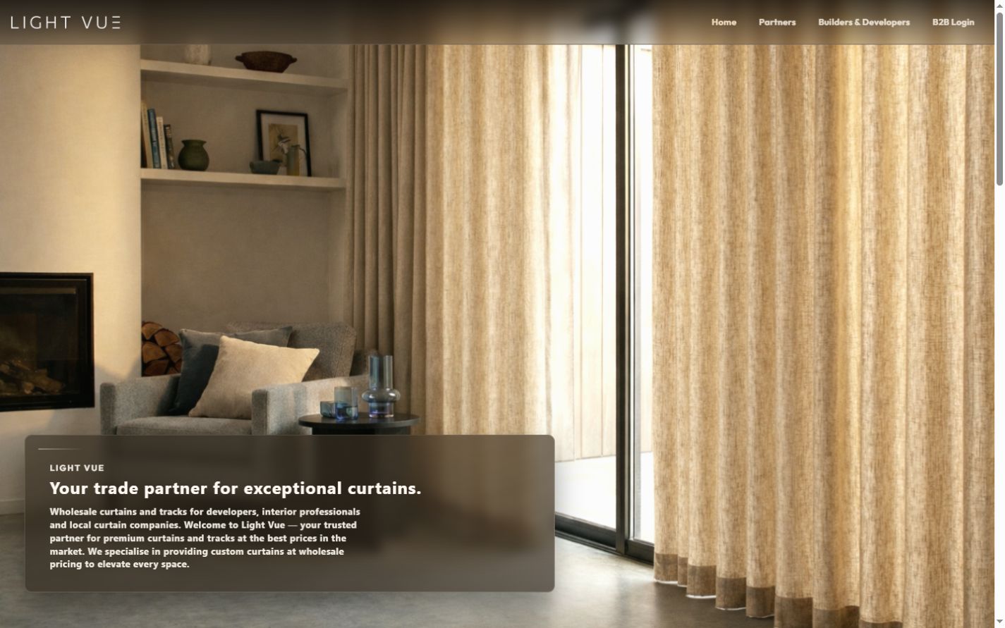 Light Vue trade curtain website showing a completed interior and wholesale enquiry panel
