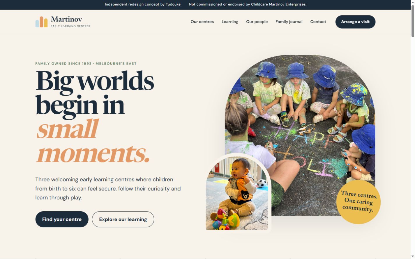 Martinov Early Learning Centres concept showing multi-location navigation and children learning outdoors
